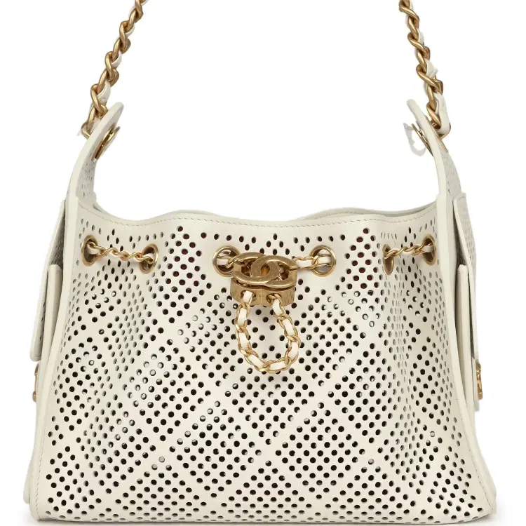 Chanel Mini 25 Hobo Bag White Perforated Calfskin Antique Gold Hardware-Hover-Image