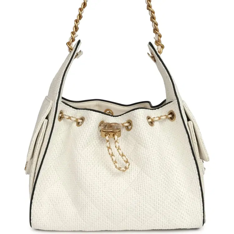Chanel Small 25 Hobo Bag White Raffia and Black Calfskin Antique Gold Hardware-Hover-Image