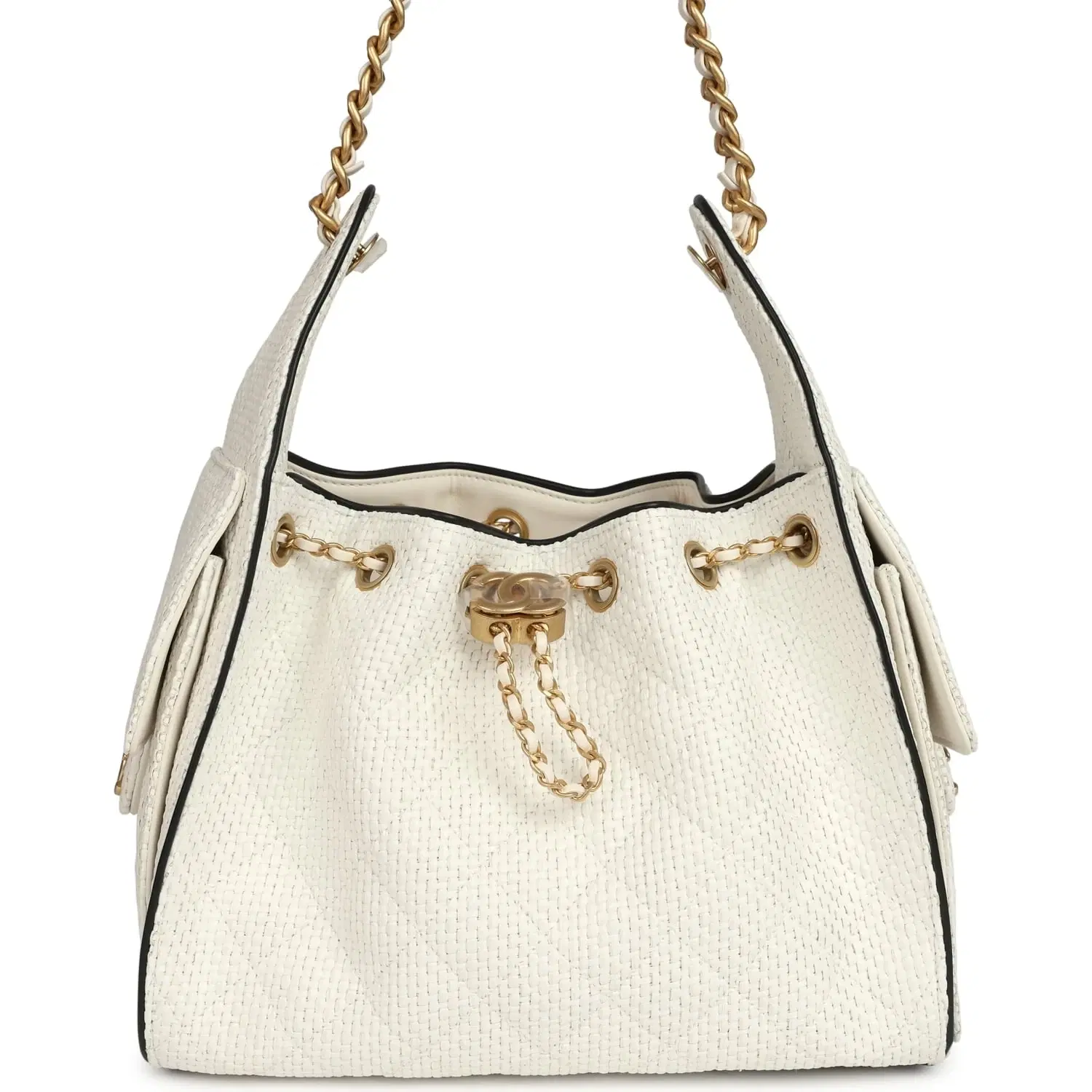 Chanel Small 25 Hobo Bag White Raffia and Black Calfskin Antique Gold Hardware
