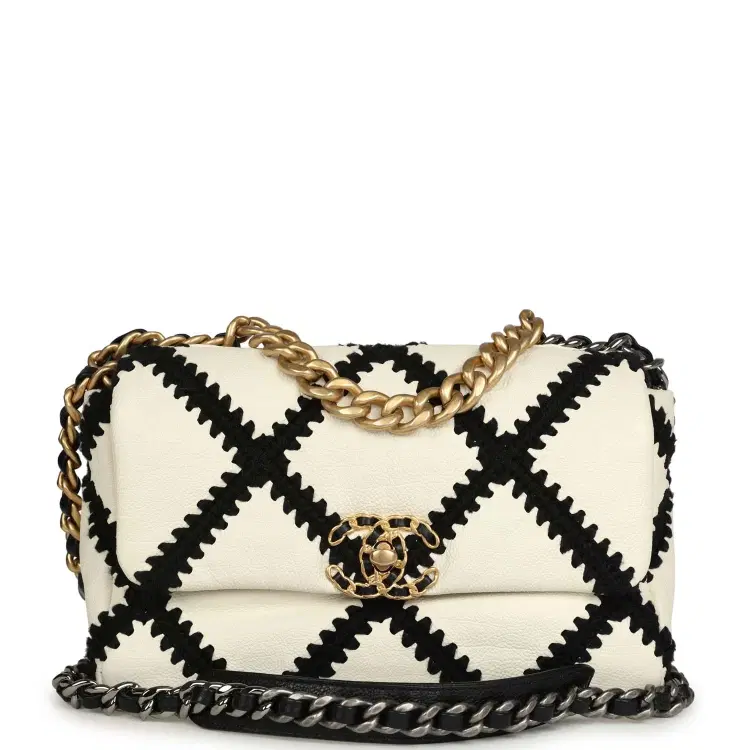 Chanel Medium 19 Flap Bag White Calfskin, Black Crochet Mixed Metal Hardware-Hover-Image