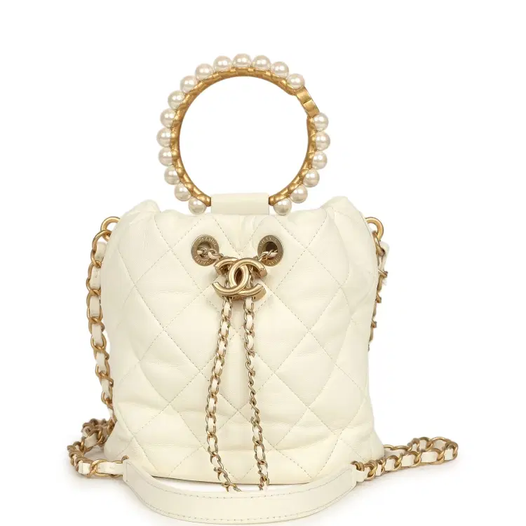 Pre-owned Chanel Mini Pearl Top Handle Bucket Bag White Calfskin Antique Gold Hardware-Hover-Image