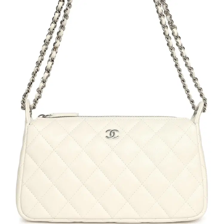 Chanel Small Quilted Clutch Bag with Chain Strap White Caviar Silver Hardware-Hover-Image