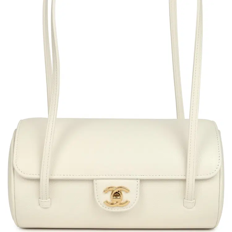 Chanel Preppy Coco Bowling Bag White Shiny Caviar Brushed Gold Hardware-Hover-Image
