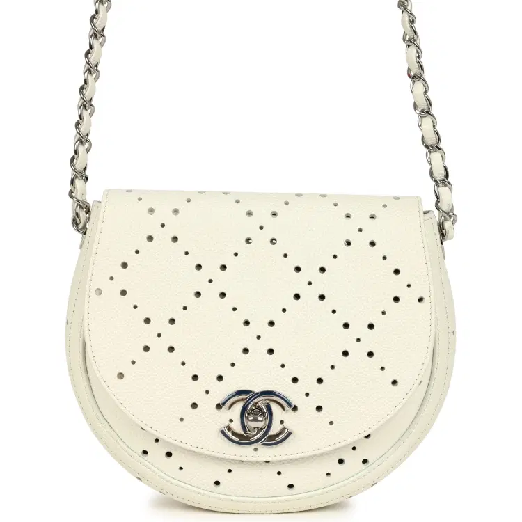 Pre-owned Chanel Perforated Messenger Bag White Caviar Silver Hardware-Hover-Image