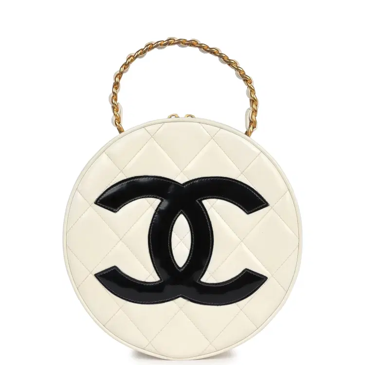 Vintage Chanel Round Vanity Bag White and Black Patent Leather Antique Gold Hardware-Hover-Image