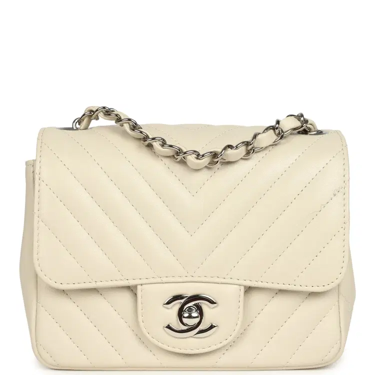 Pre-owned Chanel Mini Chevron Square Flap Bag Ivory Lambskin Silver Hardware-Hover-Image