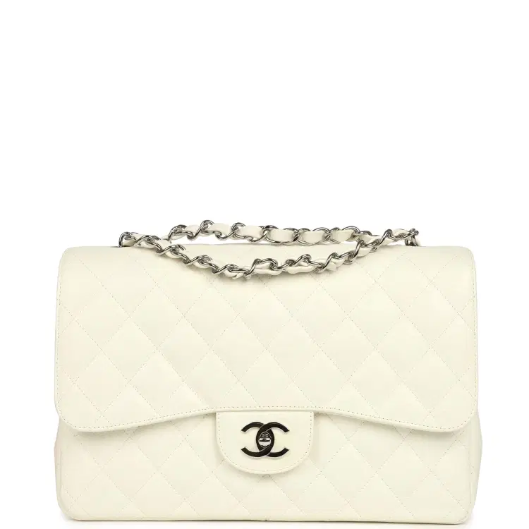 Vintage Chanel Classic Jumbo Single Flap Bag White Caviar Silver Hardware-Hover-Image