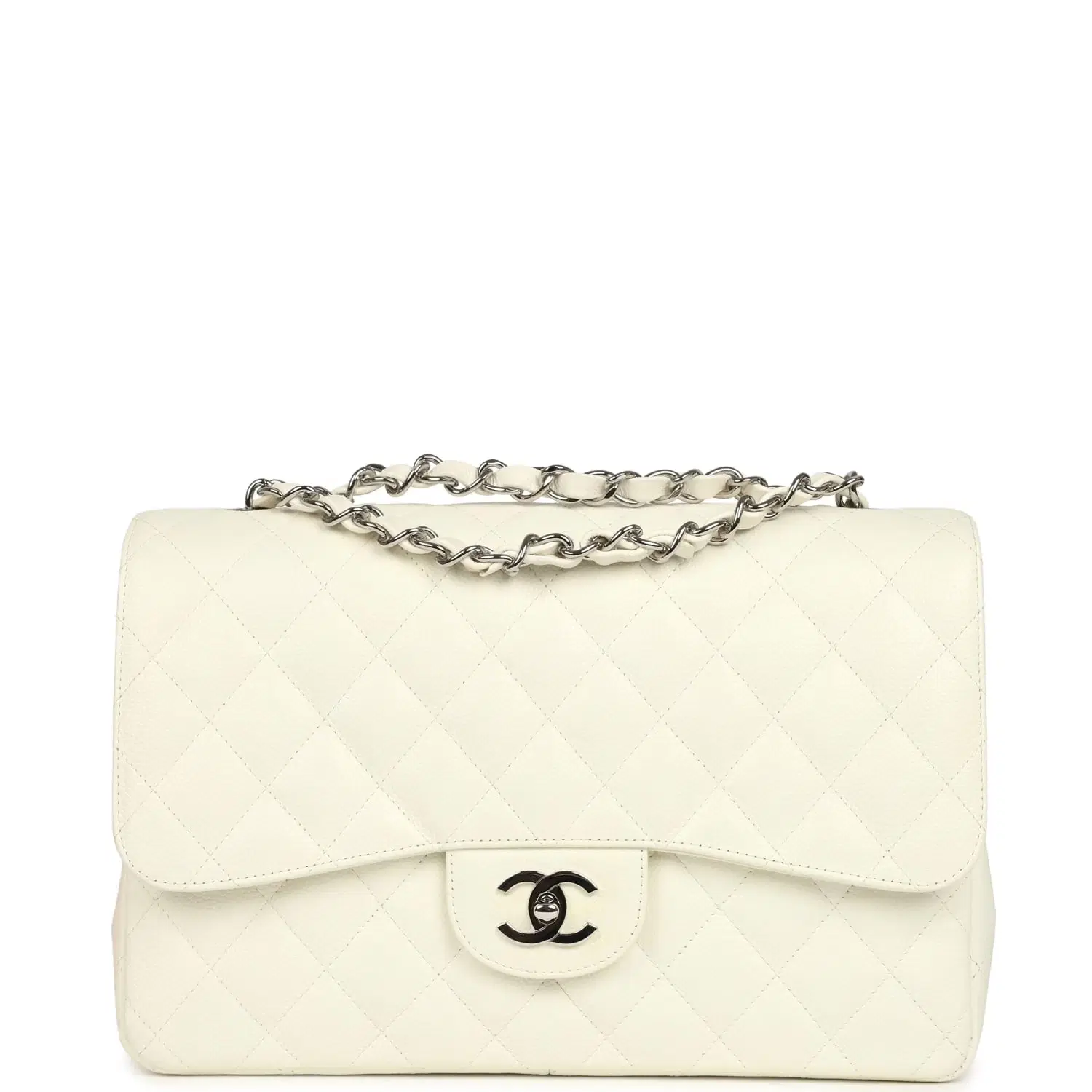 Vintage Chanel Classic Jumbo Single Flap Bag White Caviar Silver Hardware