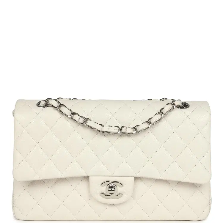 Pre-owned Chanel Medium Classic Double Flap White Shiny Caviar Silver Hardware-Hover-Image