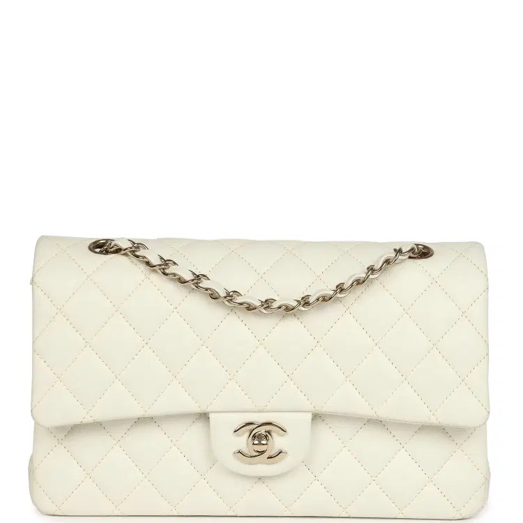 Pre-owned Chanel Medium Classic Double Flap White Caviar Light Gold Hardware-Hover-Image
