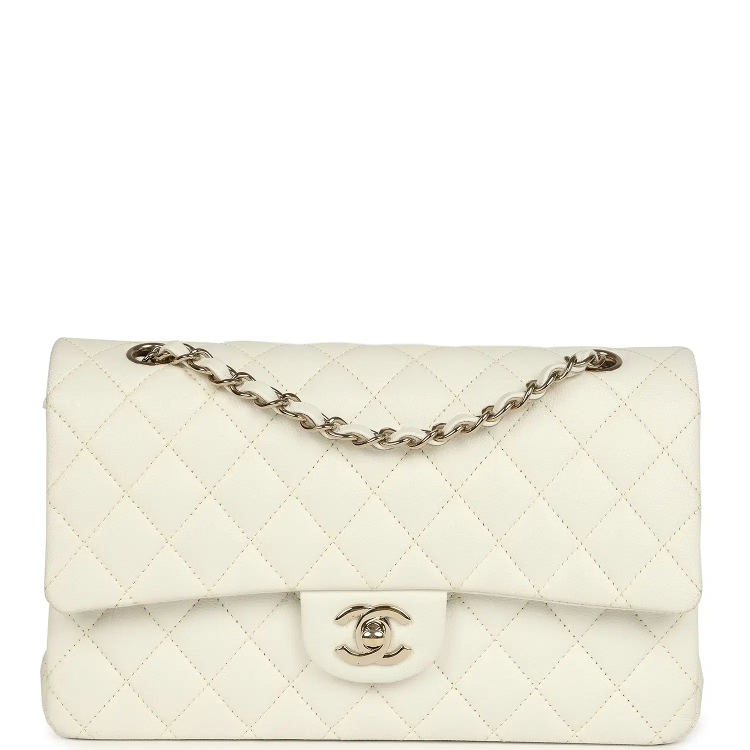 Pre-owned Chanel Medium Classic Double Flap White Caviar Light Gold Hardware