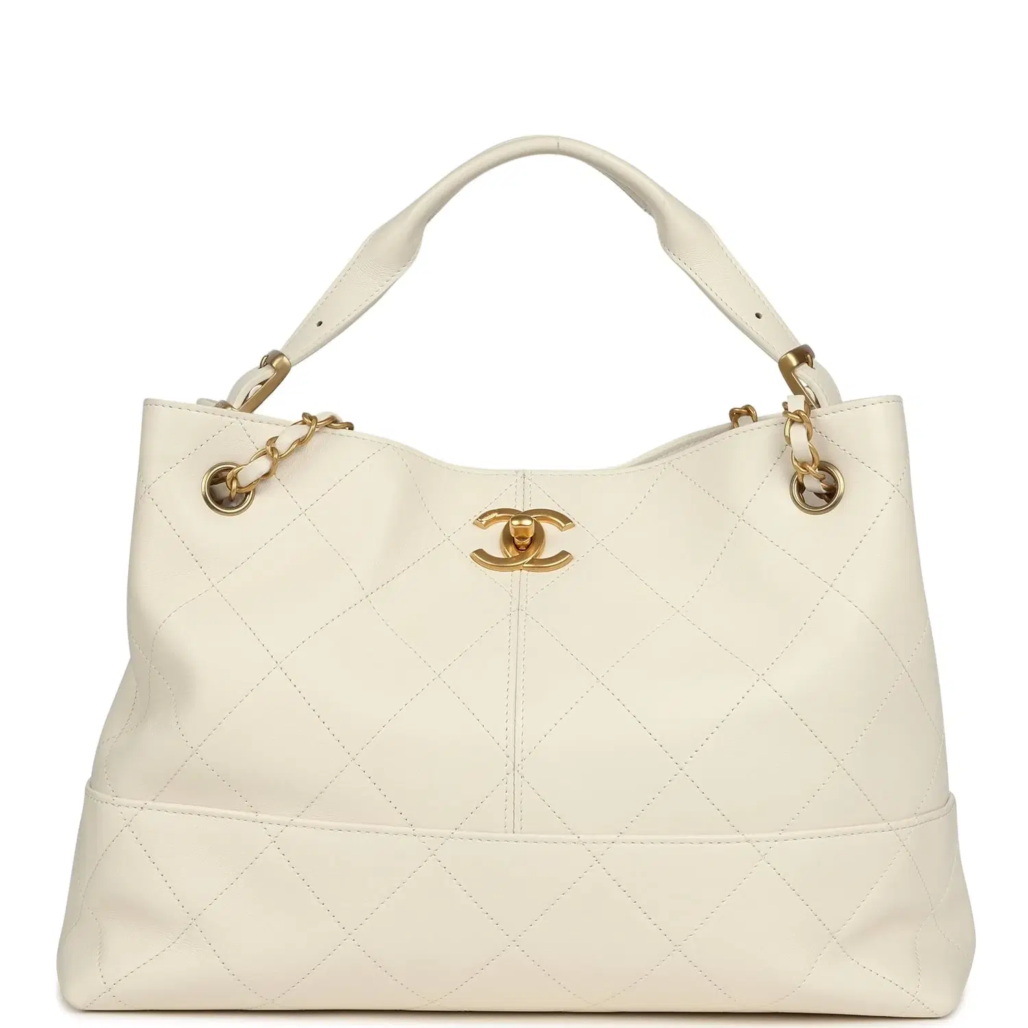 Chanel Small Coco Base Hobo Bag White Calfskin Antique Gold Hardware