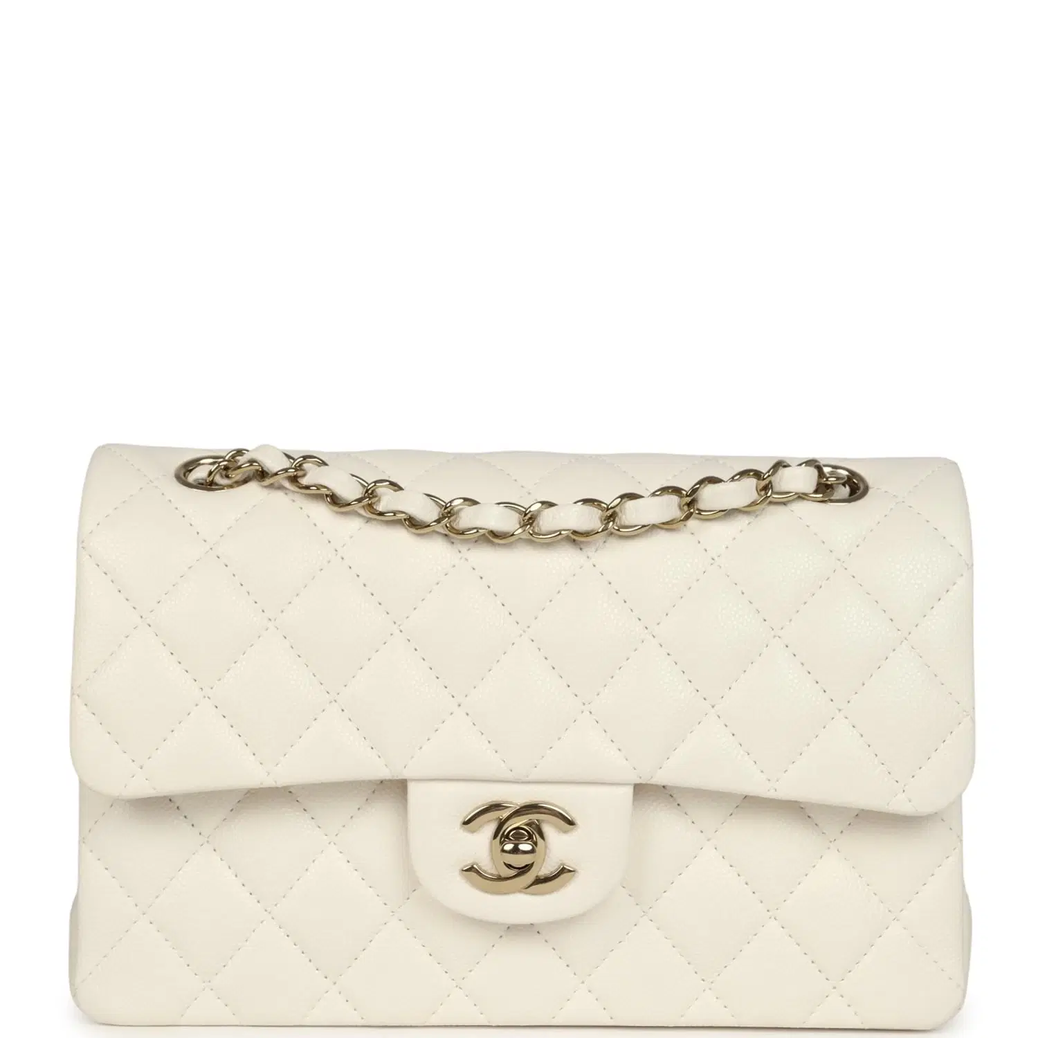 Chanel Small Classic Double Flap Bag White Shiny Caviar Light Gold Hardware