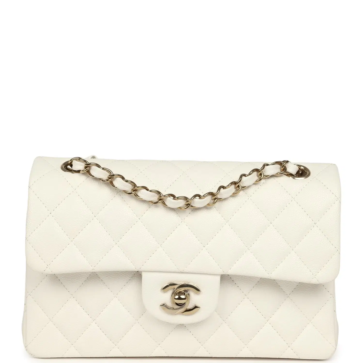 Chanel Small Classic Double Flap Bag Off White Shiny Caviar Light Gold Hardware