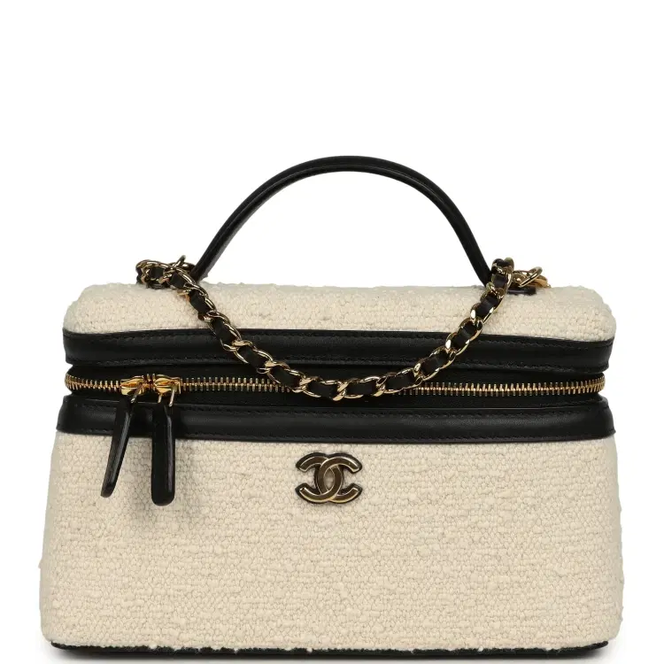 Chanel Coco Beach Top Handle Long Vanity Case with Chain Ecru Tweed and Black Calfskin Gold Hardware-Hover-Image
