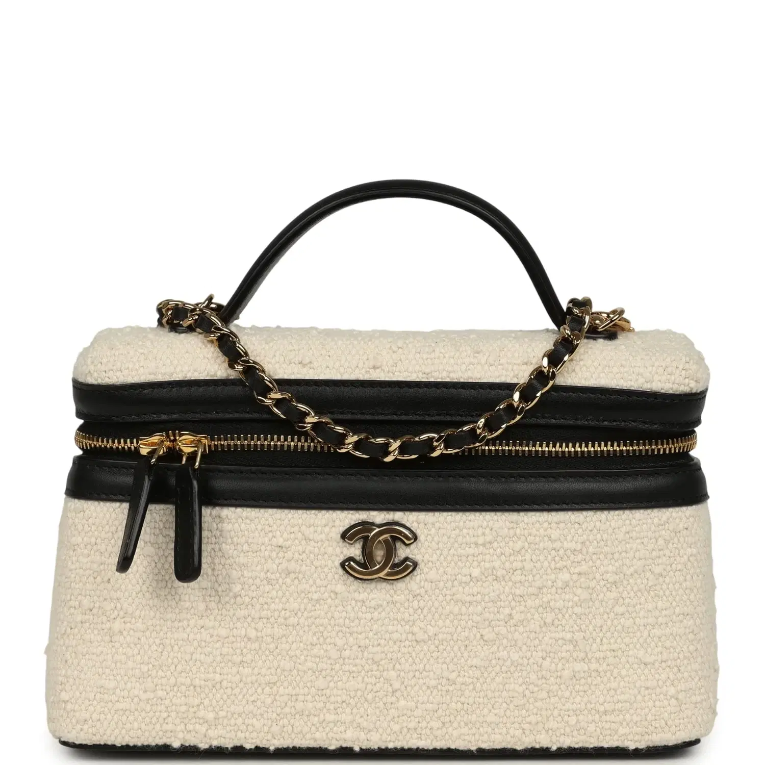 Chanel Coco Beach Top Handle Long Vanity Case with Chain Ecru Tweed and Black Calfskin Gold Hardware