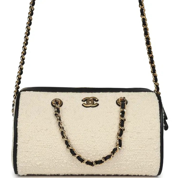 Chanel Coco Beach Mini Timeless Classic Barrel Bag with Chain Ecru Tweed and Black Calfskin Gold Hardware-Hover-Image