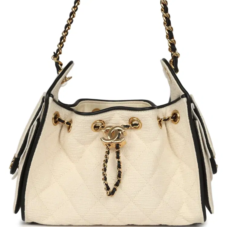 Chanel Mini 25 Hobo Bag Ecru Canvas and Black Calfskin Gold Hardware-Hover-Image