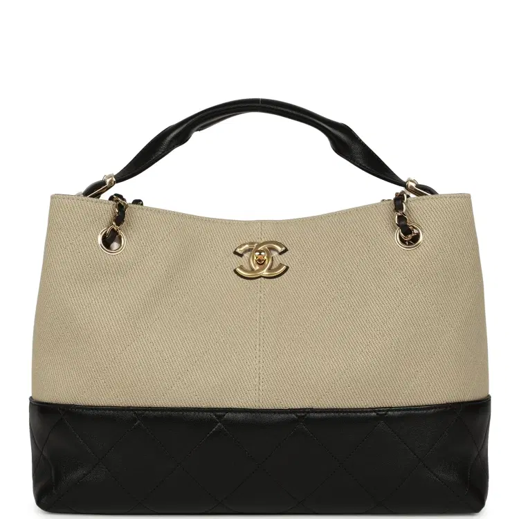 Chanel Small Coco Base Hobo Bag Beige Canvas and Black Shiny Lambskin Gold Hardware-Hover-Image