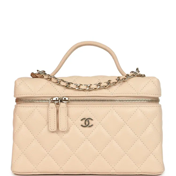 Chanel Top Handle Long Vanity Case with Chain Light Beige Shiny Caviar Light Gold Hardware-Hover-Image
