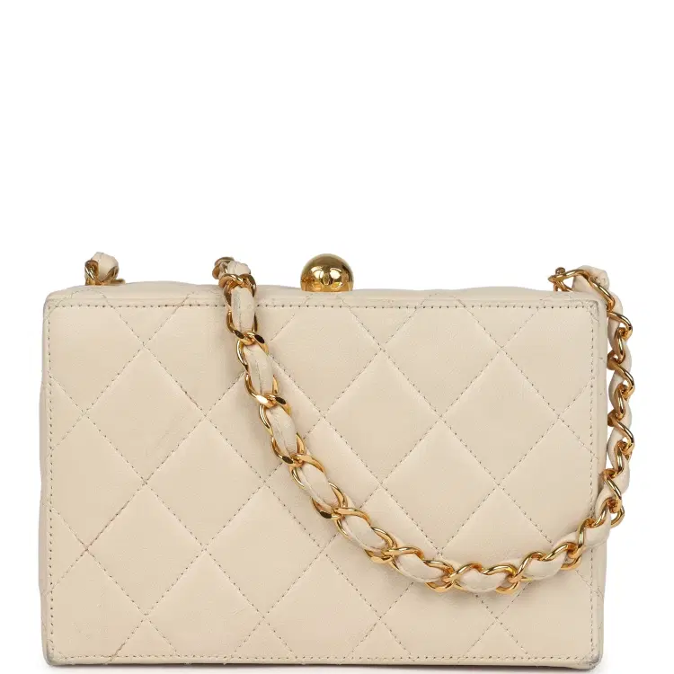 Vintage Chanel Box Clutch Bag Beige Lambskin Gold Hardware-Hover-Image