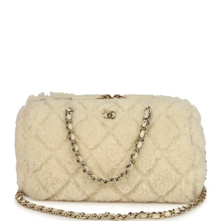 Chanel Mini Timeless Classic Barrel Bag with Chain Beige Shearling Light Gold Hardware-Hover-Image