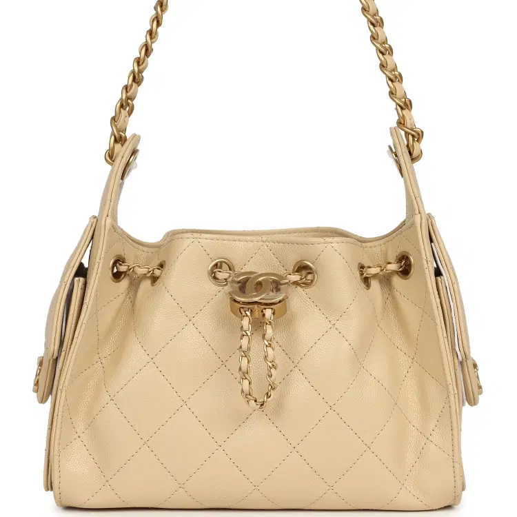 Chanel Mini 25 Hobo Bag Light Beige Caviar Antique Gold Hardware-Hover-Image