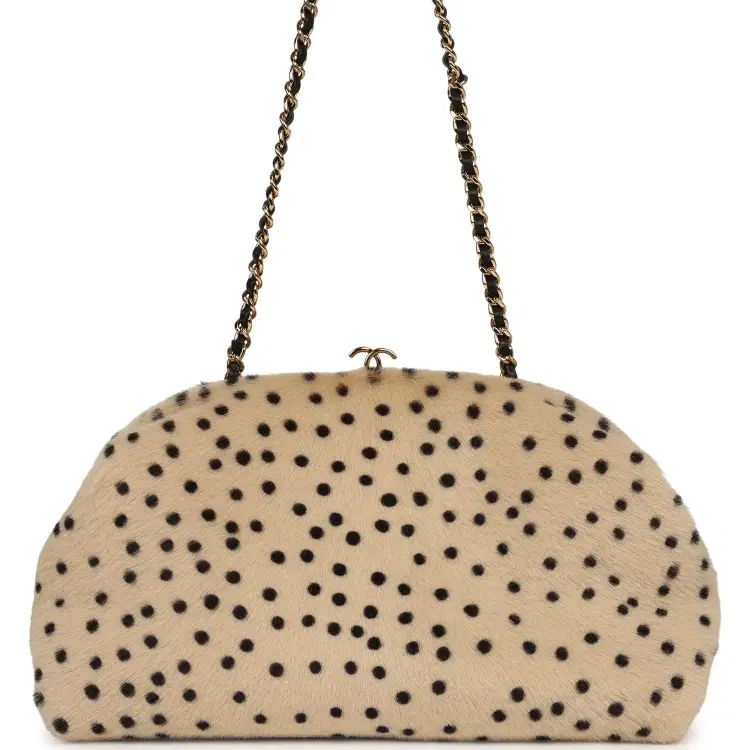 Chanel Large "Cheetah Print" Clutch with Chain Beige Calf Hair, Black Leather Gold Hardware-Hover-Image