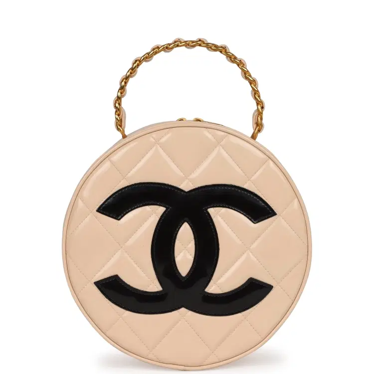 Vintage Chanel Round Vanity Bag Beige and Black Patent Leather Antique Gold Hardware-Hover-Image