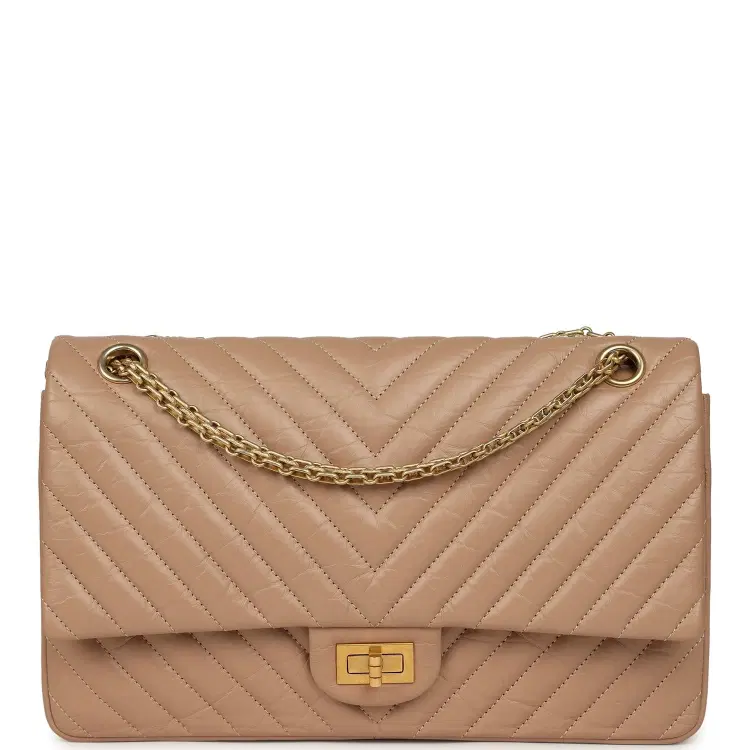 Pre-owned Chanel Medium Chevron Reissue 226 2.55 Double Flap Bag Beige Aged Calfskin Antique Gold Hardware-Hover-Image