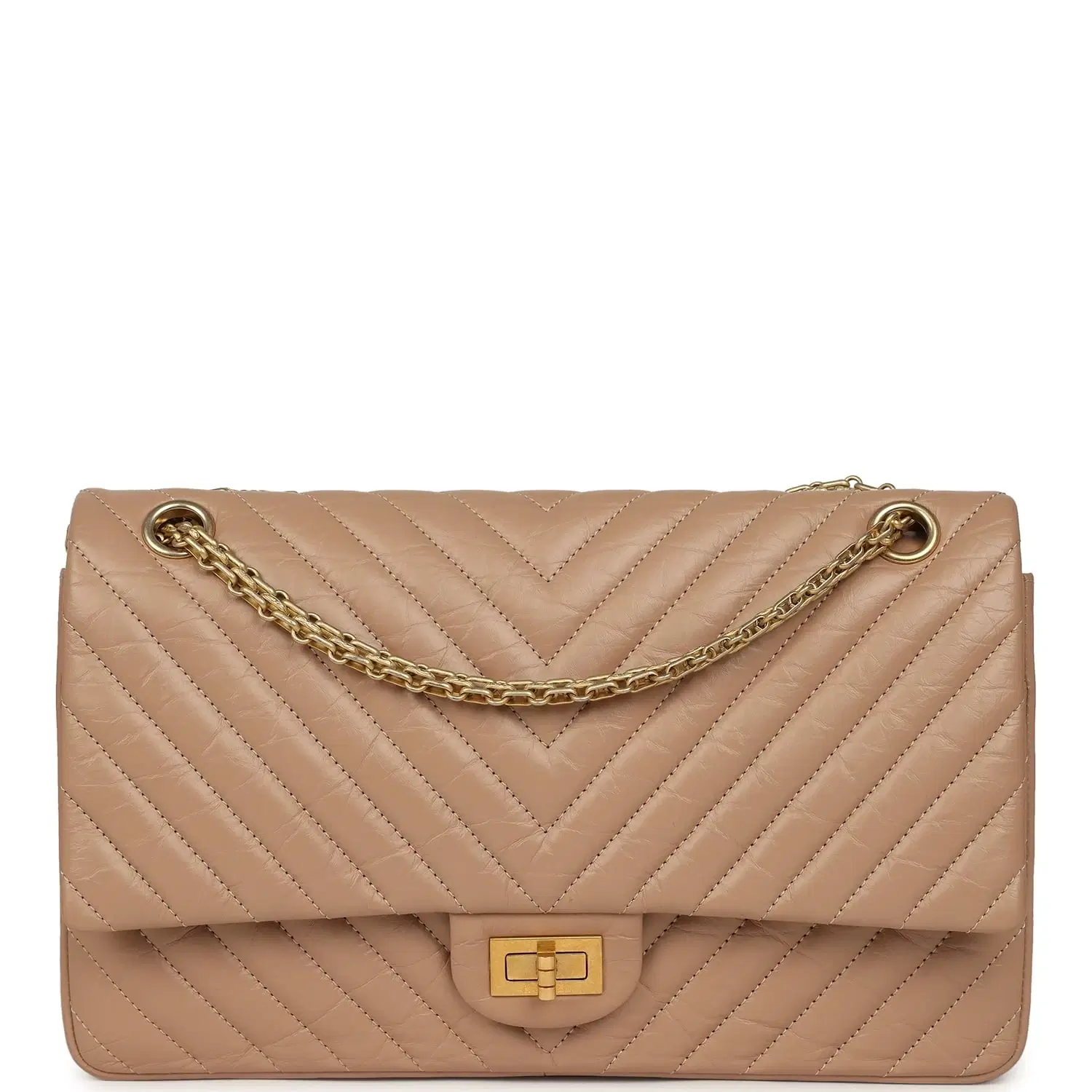 Pre-owned Chanel Medium Chevron Reissue 226 2.55 Double Flap Bag Beige Aged Calfskin Antique Gold Hardware