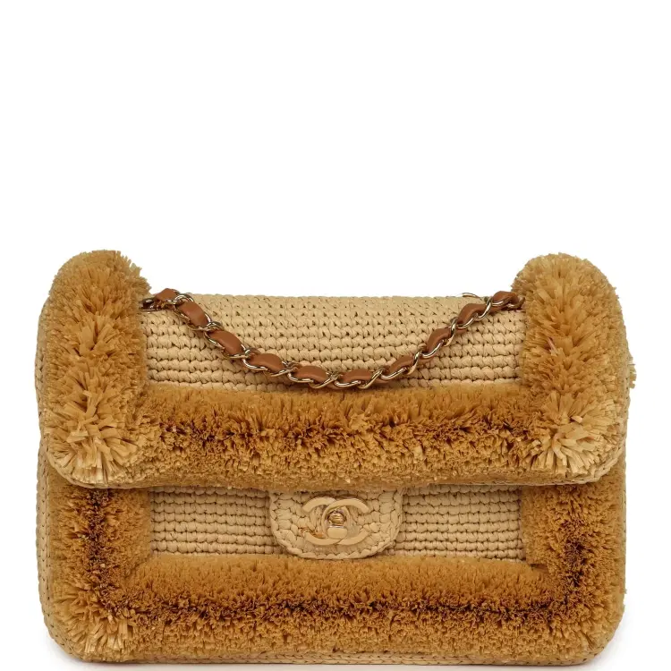 Chanel Medium "Fluffy Raffia" Flap Bag Beige Raffia Gold Hardware-Hover-Image