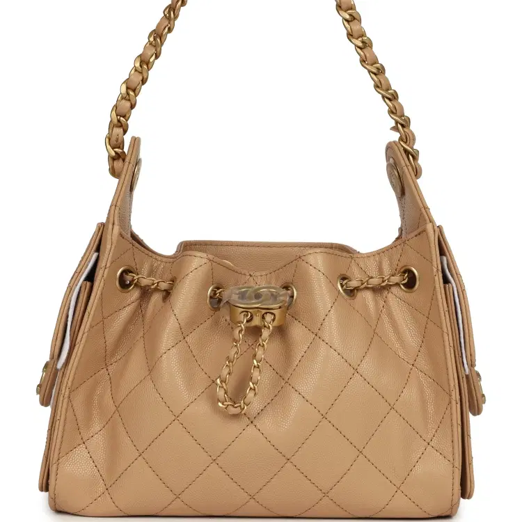 Chanel Mini 25 Hobo Bag Beige Caviar Antique Gold Hardware-Hover-Image