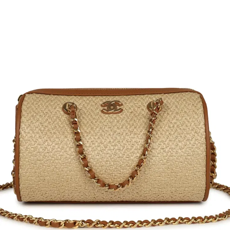 Chanel Mini Timeless Classic Barrel Bag with Chain Beige Braided Raffia and Brown Calfskin Light Gold Hardware-Hover-Image