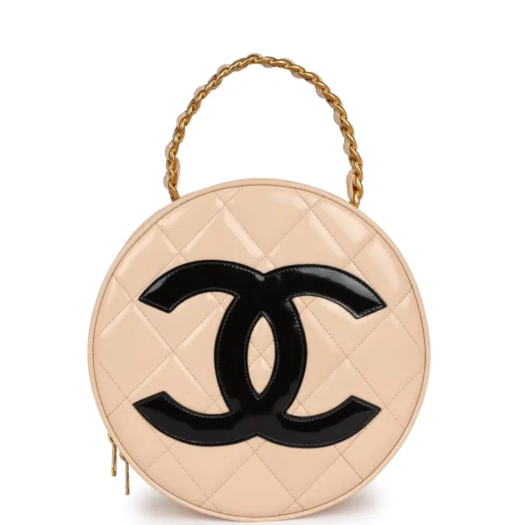 Vintage Chanel Round Vanity Bag Beige and Black Patent Leather Antique Gold Hardware-Hover-Image