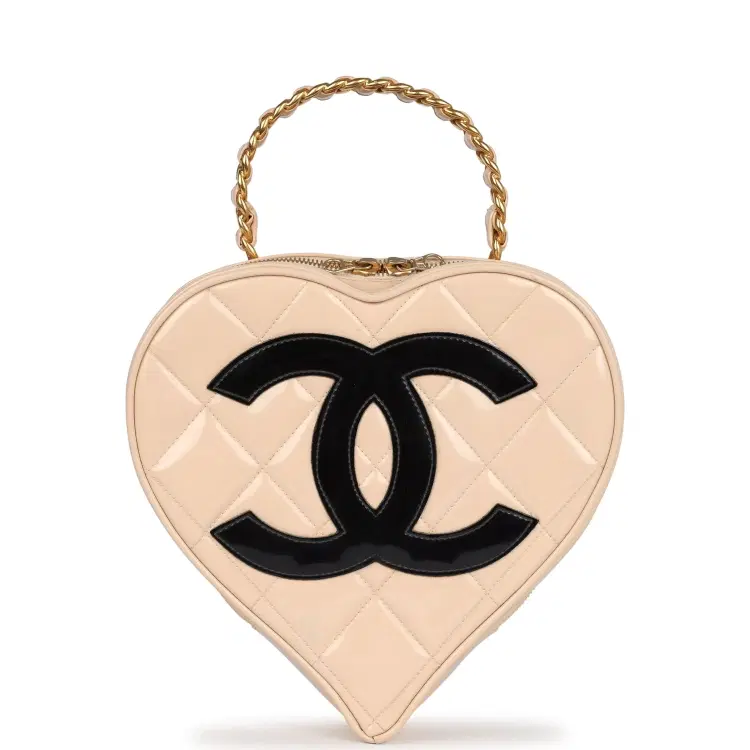 Vintage Chanel Heart Vanity Bag Beige and Black Patent Antique Gold Hardware-Hover-Image