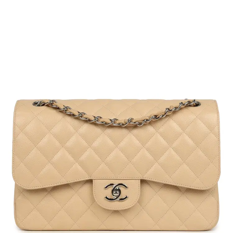 Pre-owned Chanel Jumbo Classic Double Flap Bag Light Beige Caviar Silver Hardware-Hover-Image