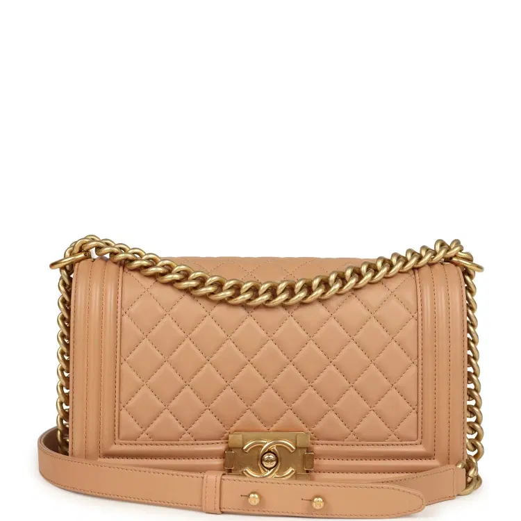 Pre-owned Chanel Medium Boy Bag Dark Beige Lambskin Antique Gold Hardware-Hover-Image
