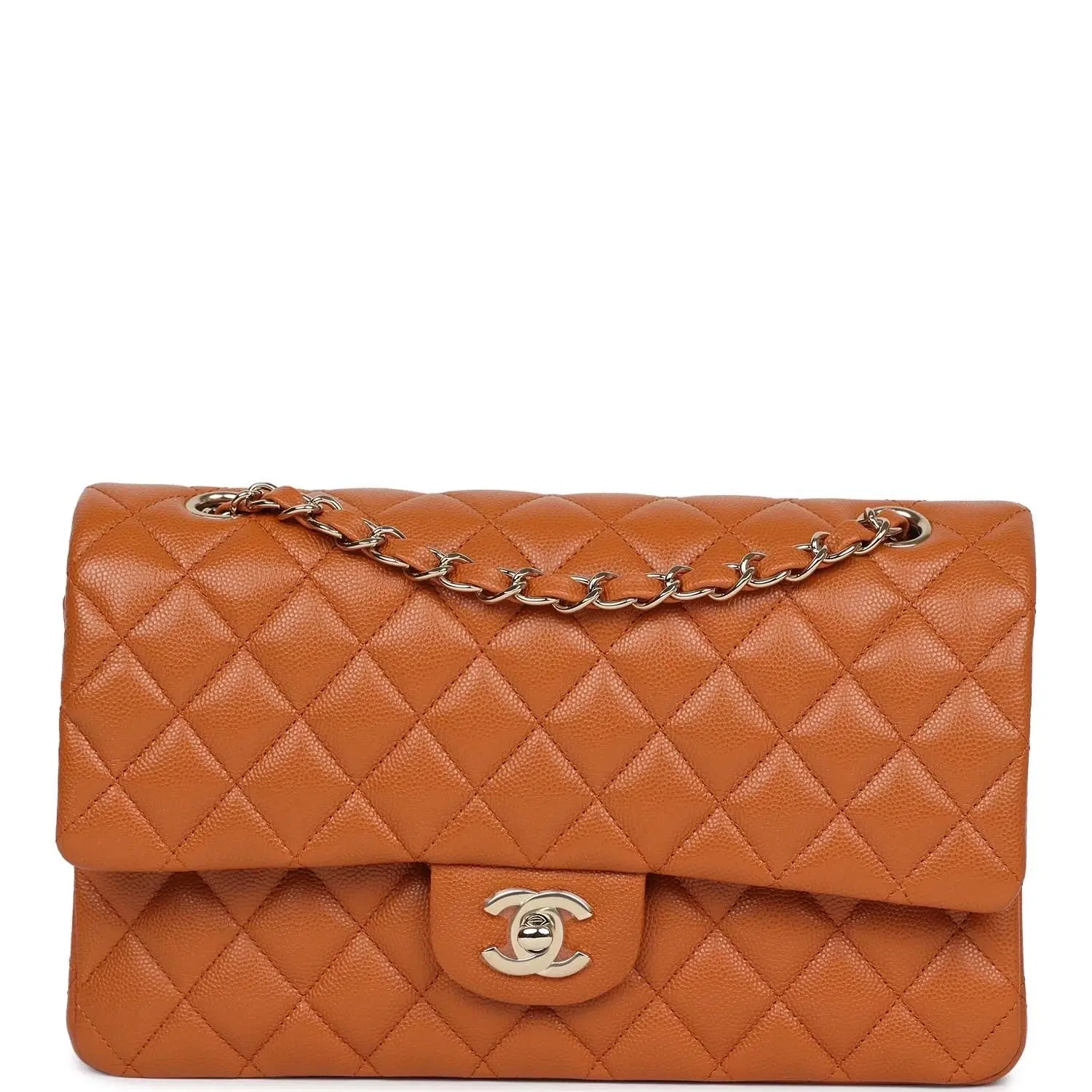 Chanel Medium Classic Double Flap Bag Caramel Shiny Caviar Light Gold Hardware