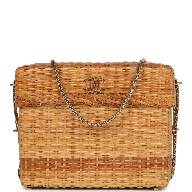Vintage Chanel Small Picnic Basket Bag Natural Wicker Gold Hardware-Hover-Image