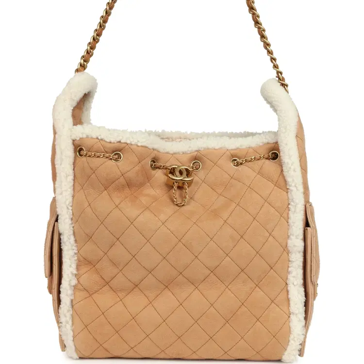 Chanel Medium 25 Hobo Bag Beige Suede and White Shearling Antique Gold Hardware-Hover-Image