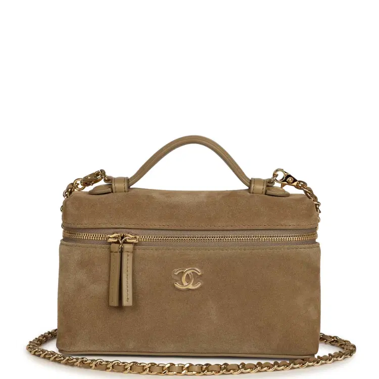 Chanel Top Handle Long Vanity Case with Chain Dark Beige Suede Gold Hardware-Hover-Image
