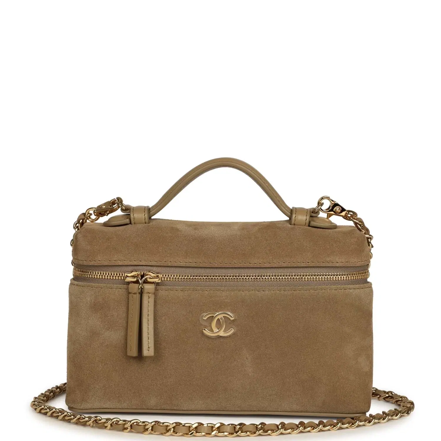Chanel Top Handle Long Vanity Case with Chain Dark Beige Suede Gold Hardware