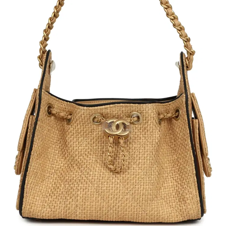 Chanel Mini 25 Hobo Bag Beige Raffia and Black Calfskin Antique Gold Hardware-Hover-Image