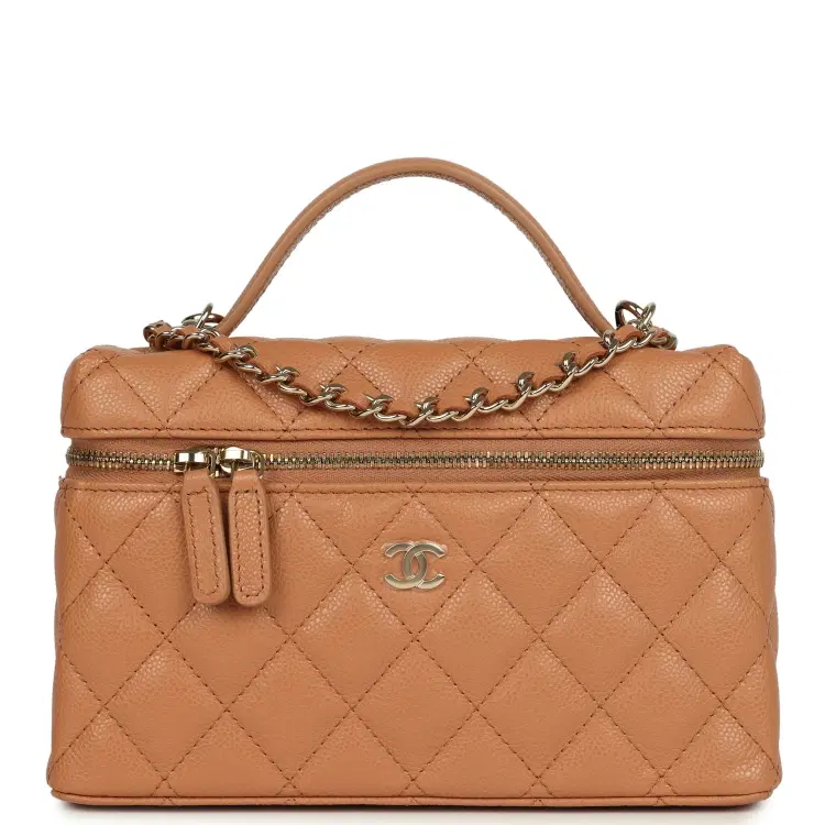 Chanel Top Handle Long Vanity Case with Chain Dark Beige Shiny Caviar Light Gold Hardware-Hover-Image