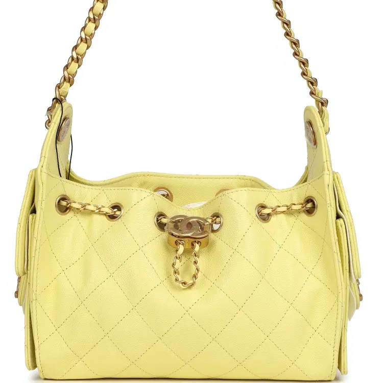 Chanel Mini 25 Hobo Bag Light Yellow Caviar Antique Gold Hardware-Hover-Image