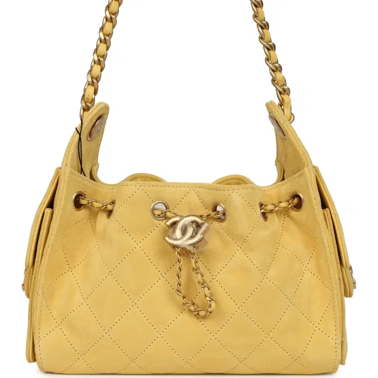 Chanel Mini 25 Hobo Bag Yellow Suede Antique Gold Hardware-Hover-Image