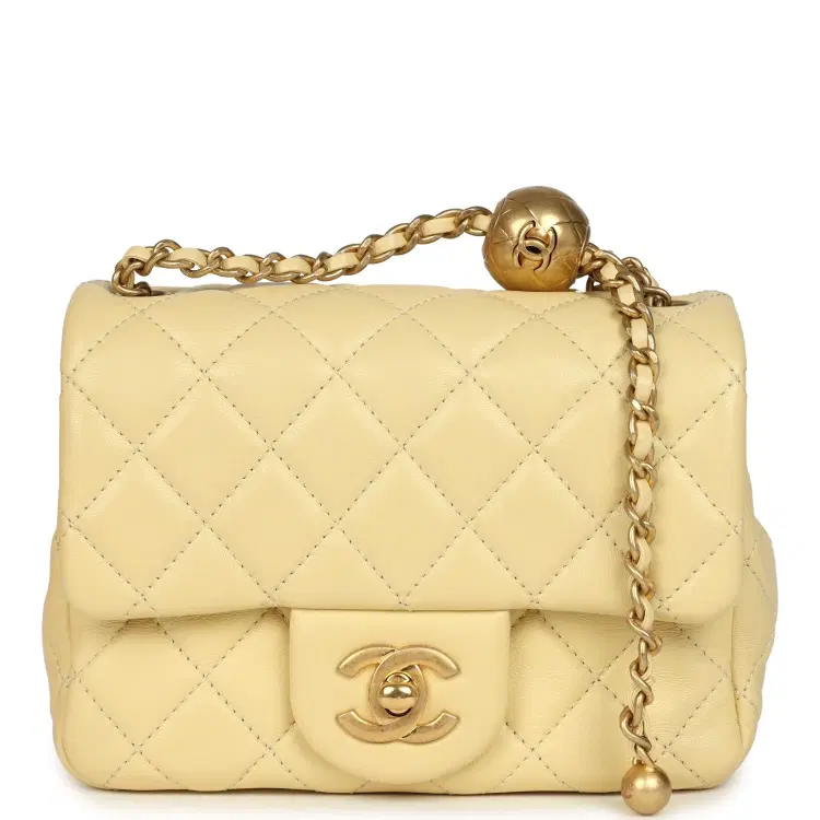 Pre-owned Chanel Mini Pearl Crush Square Flap Bag Yellow Lambskin Brushed Gold Hardware-Hover-Image