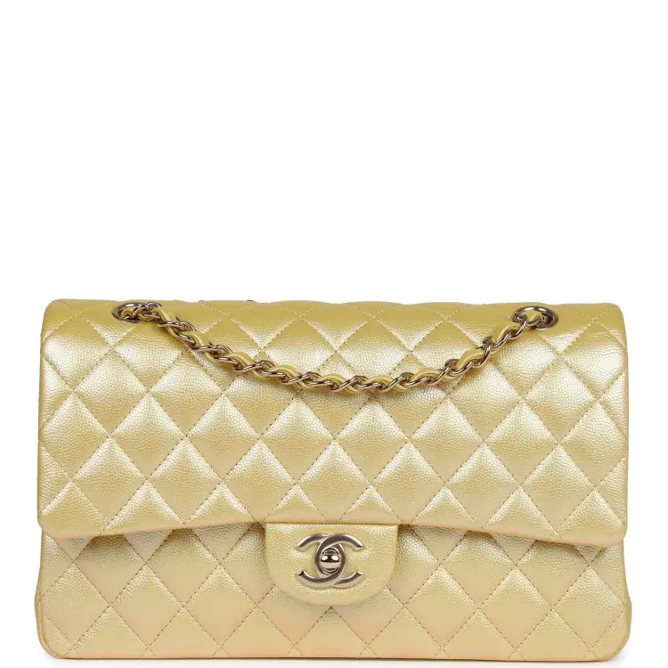 Chanel Medium Classic Double Flap Bag Yellow Iridescent Caviar Light Gold Hardware-Hover-Image