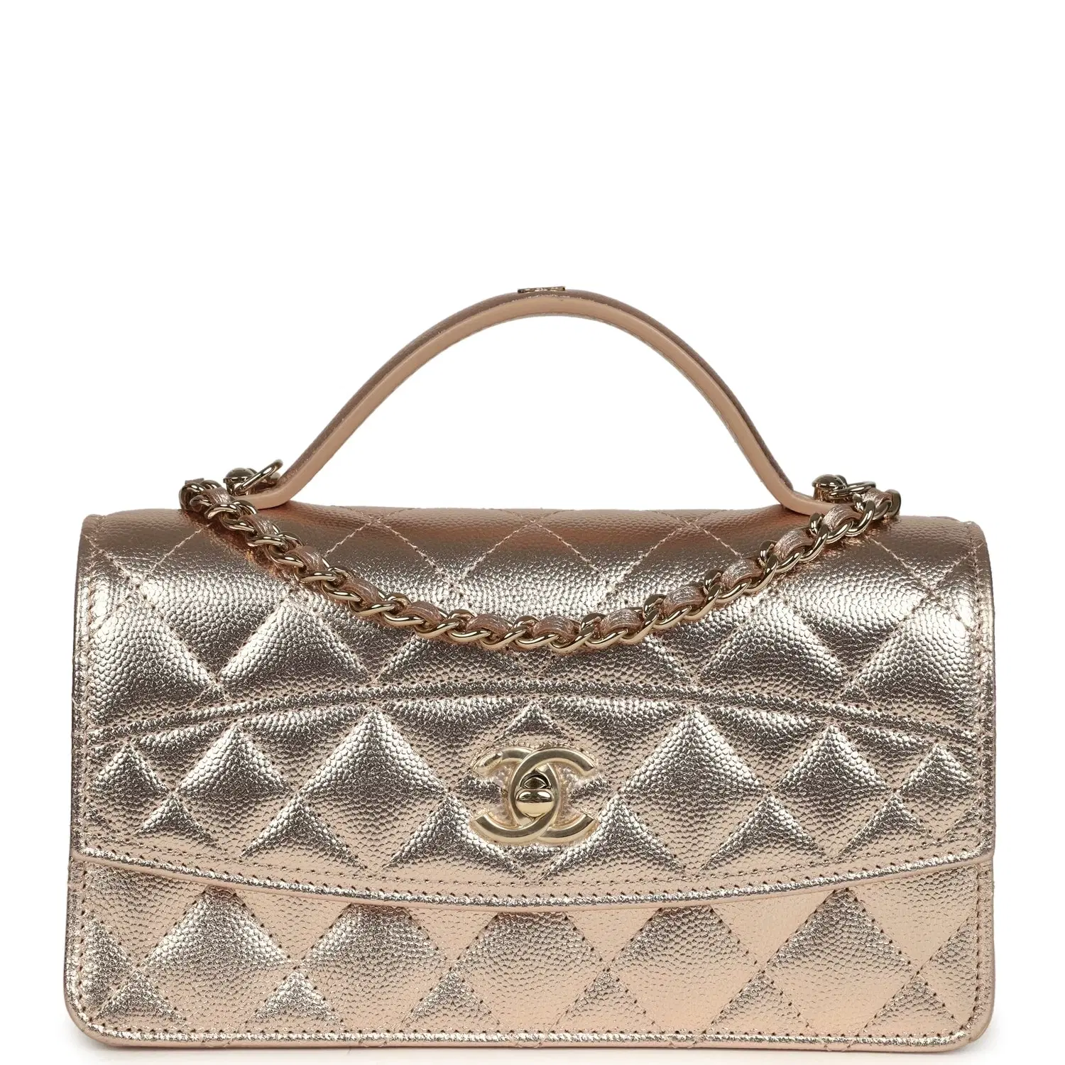 Chanel Top Handle Wallet On Chain WOC Metallic Copper Shiny Caviar Light Gold Hardware